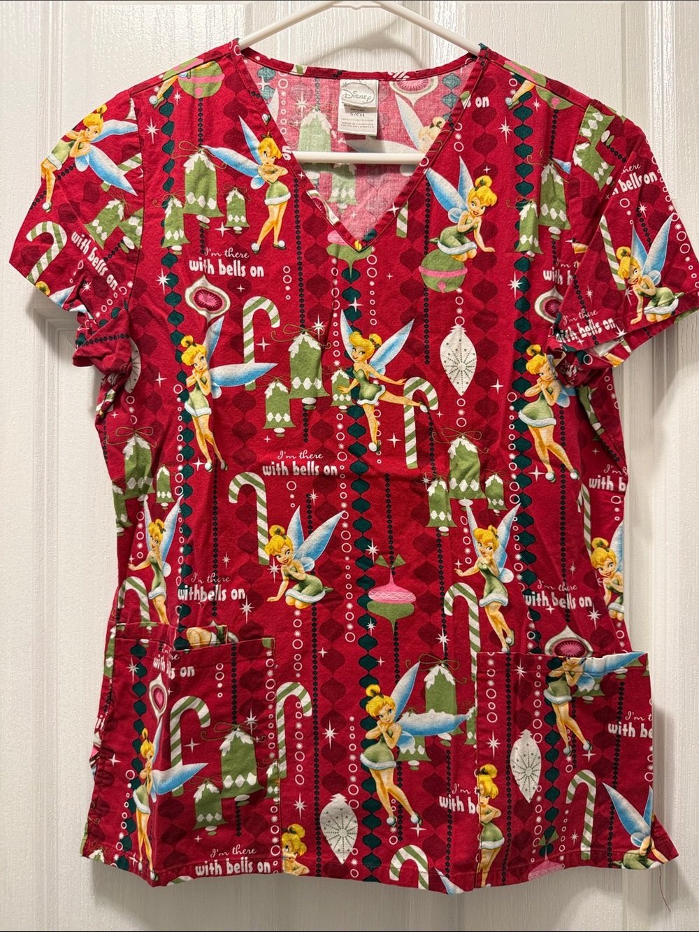 Disney Tinker Bell Red Holiday V-Neck Scrub Top with Candy Cane Print